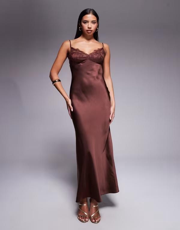 エイソス レディース トップス ワンピース カットアウト サテン レース マキシ ASOS DESIGN lace bust cup satin maxi dress with cut out back in chocolate チョコレート