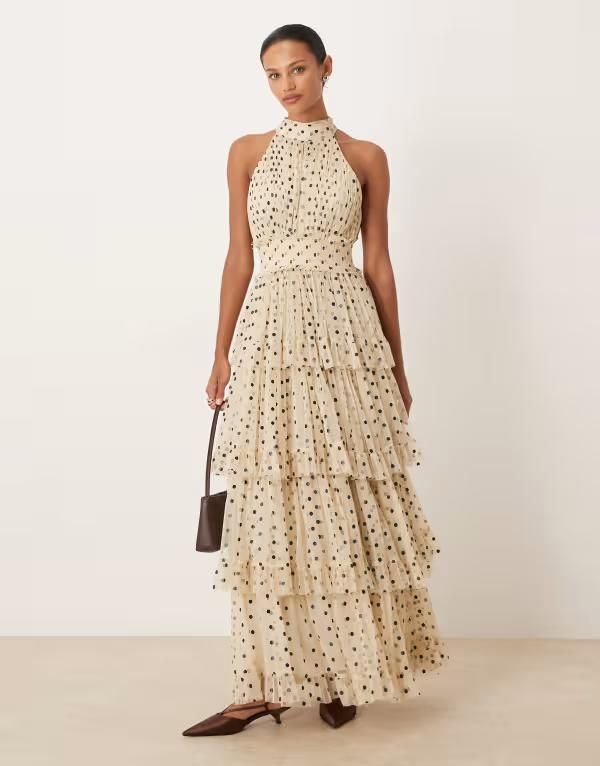 レース アンド ビーズ レディース トップス ワンピース ドット柄 チュール ティアード ハイネック ドット マキシ Lace Beads tiered tulle high neck maxi dress in cream and black polkado