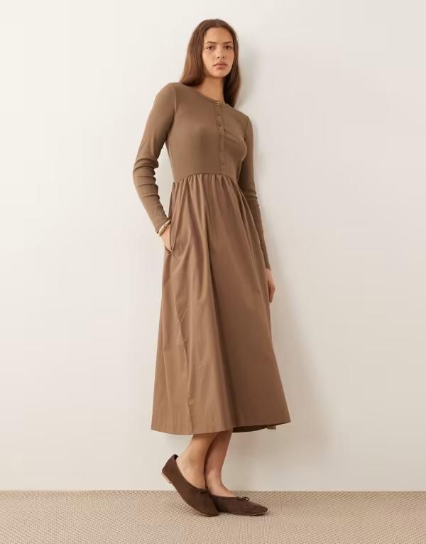スリードベア レディース トップス ワンピース ミディ ジャージー Threadbare jersey poplin mix midi dress with button up top in mocha モカ