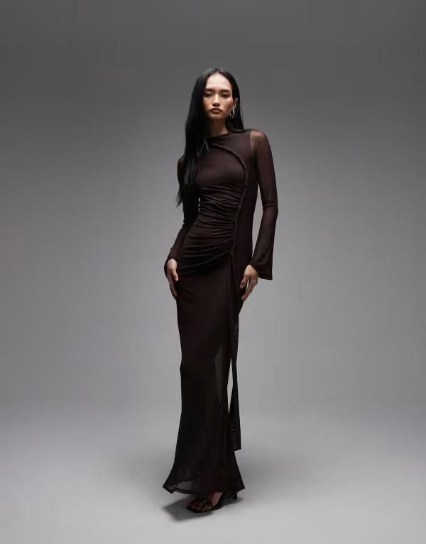 エイソス レディース トップス ワンピース メッシュ マキシ ASOS DESIGN mesh long sleeve maxi dress with twistedetailing Brown ブラウン