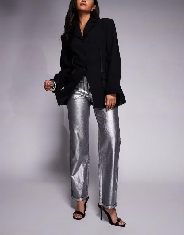 エイソス レディース ボトムス デニムパンツ ストレート ジーンズ ASOS DESIGN comfort stretch straight leg jeans foil SILVER シルバー