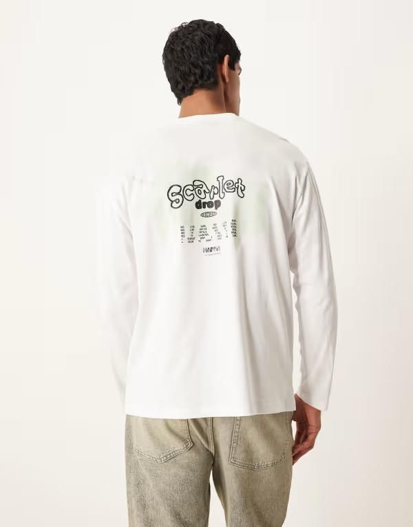 エイソス メンズ トップス Tシャツ プリント シャツ ASOS DESIGN long sleeve relaxed Tshirt with fruit bubble print WHITE ホワイト