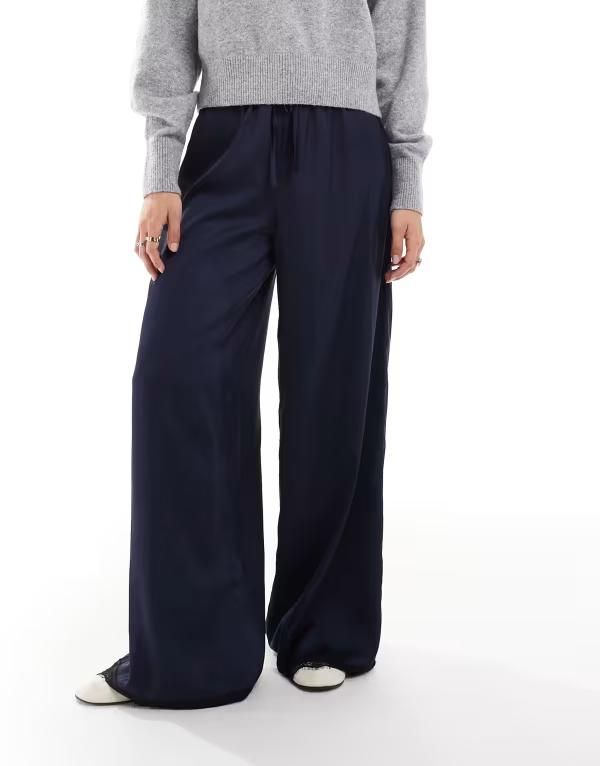 ウェンズデーガール レディース ボトムス カジュアルパンツ ワイドレッグ サテン レース Wednesdays Girl tie waist satin wide leg laced pants NAVY ネイビー