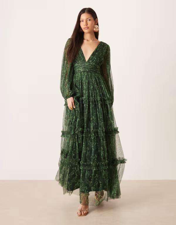 レース アンド ビーズ レディース トップス ワンピース Vネック フラワー柄 シアー マキシ フラワー Lace Beads deep vneck sheer bell sleeves maxi dress floral GREEN グリーン