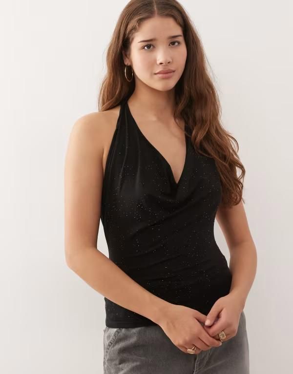 ウィークデイ レディース トップス Tシャツ ホルター Weekday rhinestone plunge halter neck top Black ブラック