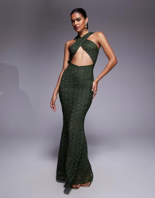エイソス レディース トップス ワンピース カットアウト マキシワンピース レース マキシ ホルター ASOS DESIGN lace cross front halter maxi dress with center cutout Khaki カーキ