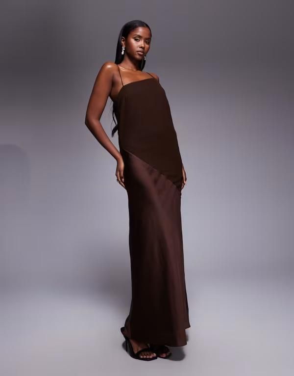 エイソス レディース トップス ワンピース シフォン ドレープ サテン マキシ ASOS DESIGN draped satin chiffon cami maxi dress in chocolate チョコレート