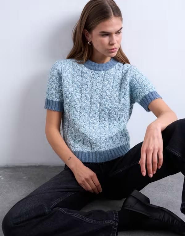 トップショップ レディース アウター カーディガン ニット Topshop cable knit detailing short sleeve top in light Blue ブルー