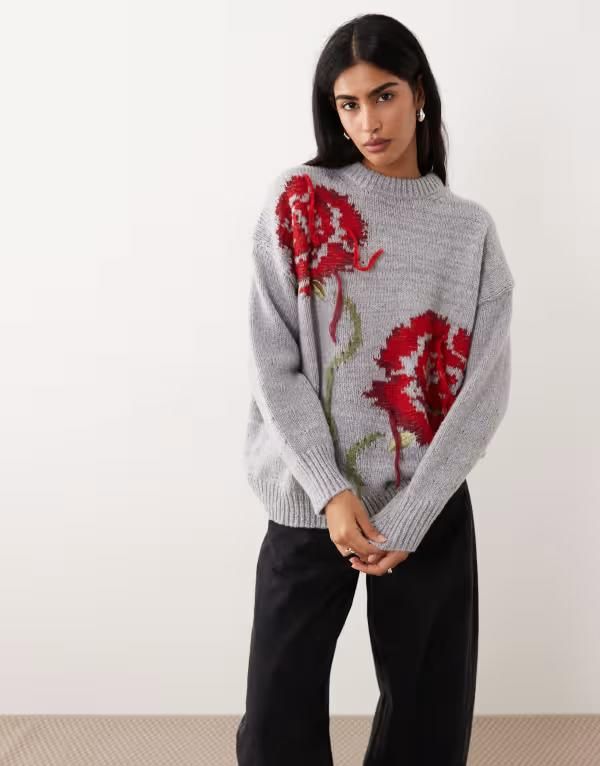 エイソス レディース アウター ニット・セーター ASOS DESIGN rose oversized sweater Gray グレー