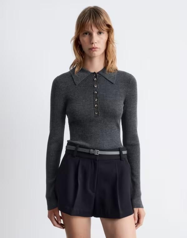アンドアザーストーリーズ レディース トップス ポロシャツ セミシアー ニット Other Stories knit semi sheer polo top with fluted collar in dark gray グレー