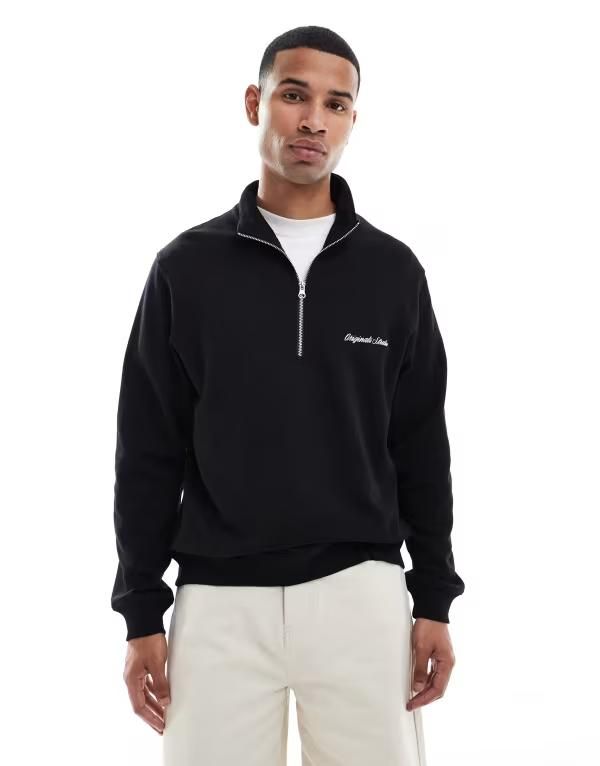 ジャック アンド ジョーンズ メンズ アウター パーカー・スウェット ハーフジップ スウェット シャツ Jack Jones relaxed quarter zip sweatshirt Black ブラック