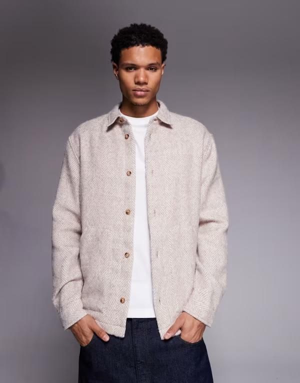 エイソス メンズ トップス シャツ ASOS DESIGN textured overshirt BEIGE ベージュ