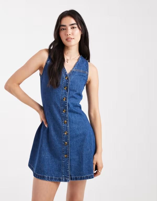 エイソス レディース トップス ワンピース ミニワンピース ミニ ノースリーブ デニム ASOS DESIGN denim sleeveless fit and flare mini dress in mid MID BLUE ブルー
