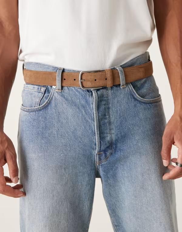 マンゴ メンズ アクセサリー ベルト スエード Mango suede silver buckle belt in tan タン