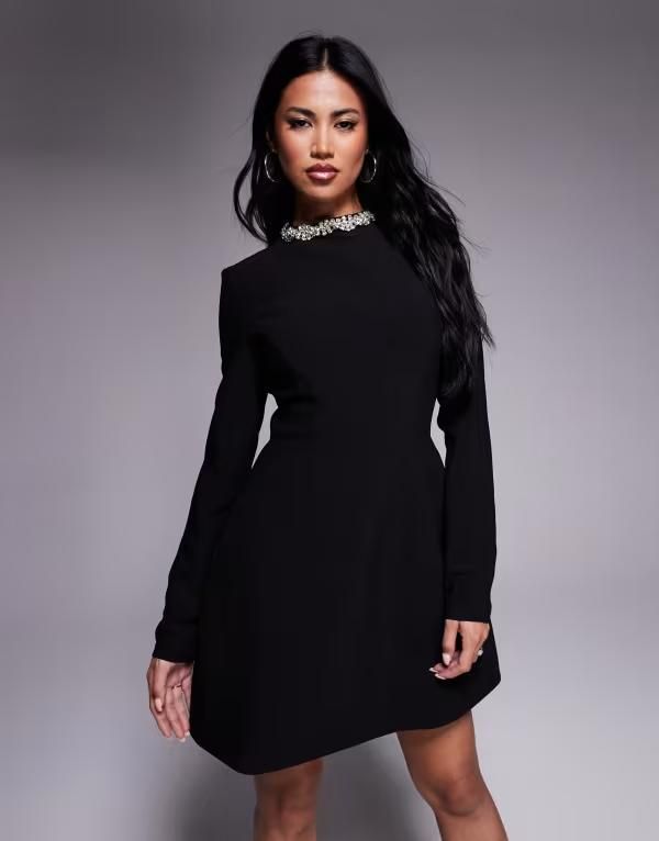 バードット レディース トップス ワンピース ミニ Bardot Delphi long sleeve mini dress Black ブラック