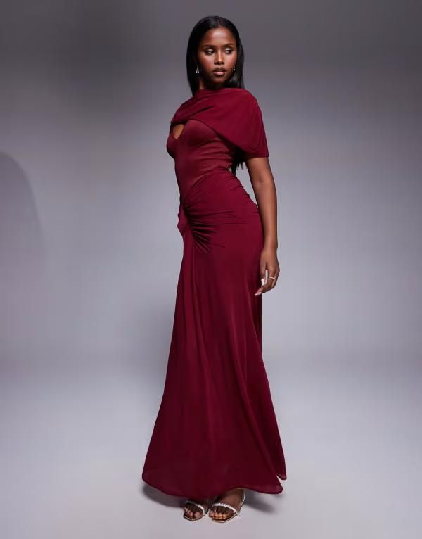 エイソス レディース トップス ワンピース マキシワンピース オーバーレイ マキシ ASOS DESIGN Red Carpet overlay corset detail maxi dress with cinched hips in berry red レ