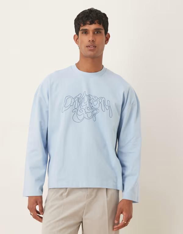エイソス メンズ トップス Tシャツ 刺繍 ASOS DESIGN heavyweight boxy oversized long sleeve tshirt with dropped shoulders and embroidered text Blue B