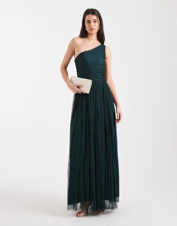 レース アンド ビーズ レディース トップス ワンピース マキシ Lace Beads Bridesmaid one shoulder maxi dress in forest Green グリーン