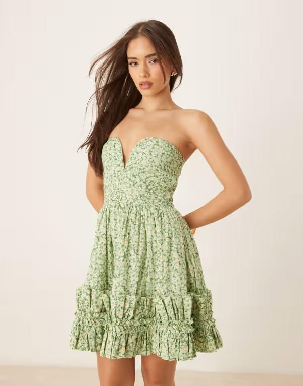レース アンド ビーズ レディース トップス ワンピース フリル裾 フリル ミニ コットン Lace Beads bandeau cotton ruffle hemini dress daisy Green Daisy Cotton グリーン