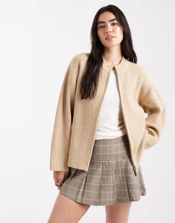 フォースレックレス レディース アウター ジャケット・ブルゾン ハイネック カーディガン ニット 4th Reckless premium high neck double zip knit bomber cardigan in camel CAMEL キャメ