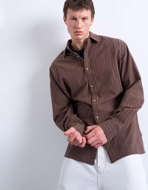 トップマン メンズ トップス シャツ オーバーサイズフィット オックスフォード Topman oversized fit striped oxford shirt in washed Chocolate チョコレート