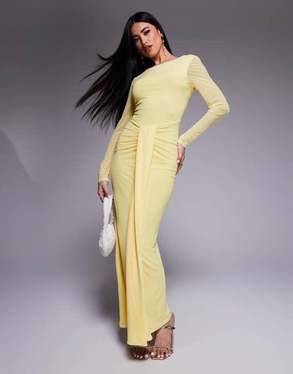 エイソス レディース トップス ワンピース オープンバック マキシワンピース メッシュ マキシ ASOS DESIGN mesh long sleeve slash neck open back maxi dress with sash in pastel y