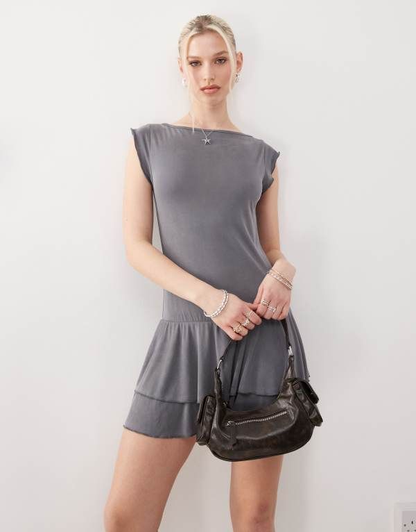 モーテル レディース トップス ワンピース ミニワンピース フリル ミニ Motel lalana slinky ruffle mini dress Gray グレー