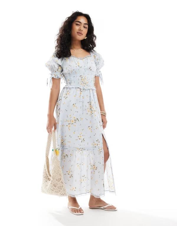 ミスセルフフリッジ レディース トップス ワンピース フラワー柄 プリント マキシ フラワー Misselfridge printed milkmaid maxi dress floral print Blue floral print ブルー