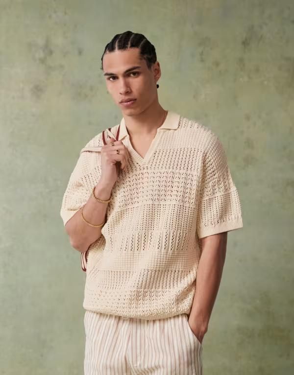 エイソス メンズ トップス ポロシャツ ニット ASOS DESIGN relaxed crochet knit notch neck polo shirt in ecru エクリュ