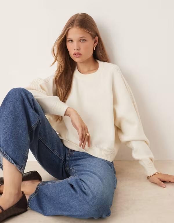 エイソス レディース アウター ニット・セーター クルーネック リブ セーター ASOS DESIGN crew neck sweater with raglan and fisherman ribbed sleeve detailing in cream C