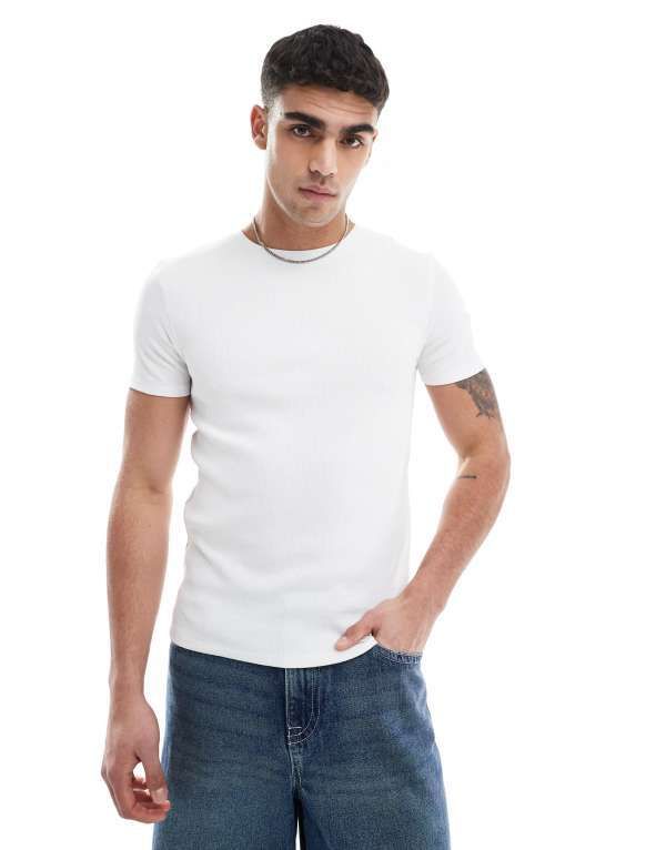 エイソス メンズ トップス Tシャツ ASOS DESIGN essential muscle fit rib tshirt WHITE ホワイト