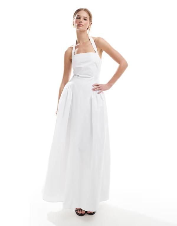 フォースレックレス レディース トップス ワンピース コットン マキシ ホルター 4th Reckless cotton square halterneck hipleat detail maxi dress White ホワイト