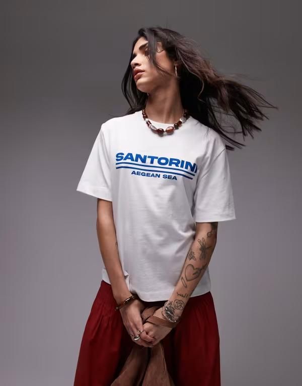 トップショップ レディース トップス Tシャツ グラフィック Topshop graphic Santorini oversized tee WHITE ホワイト