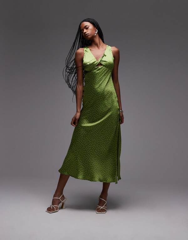 トップショップ レディース トップス ワンピース ドット柄 ミディワンピース ドット ミディ Topshop twist front midi dress in olive polka dot GREEN グリーン