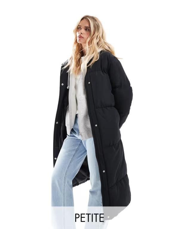 スリードベア レディース アウター コート プチ マキシ Threadbare Petite maxi puffer coat with hood Black ブラック