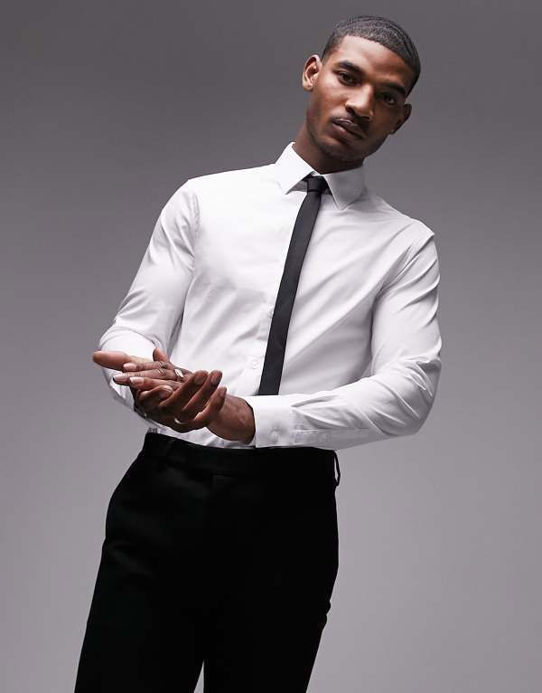 トップマン メンズ トップス シャツ Topman long sleeve stretch formal shirt WHITE ホワイト