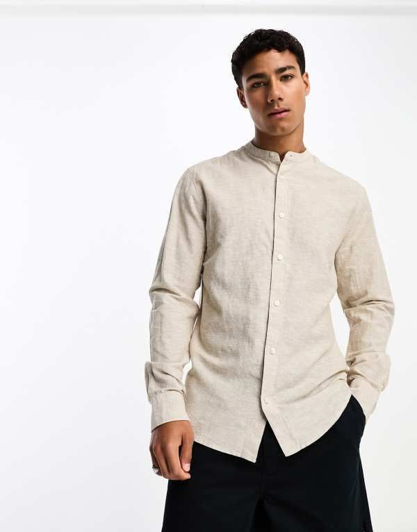 オンリーアンドサンズ メンズ トップス シャツ リネン Only Sons linen mix grandad collar shirt Chinchilla ベージュ