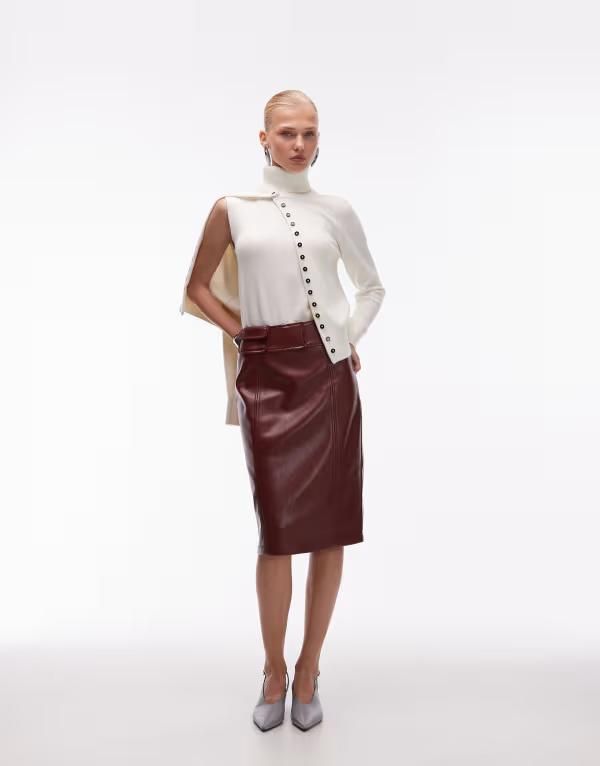 エイソス レディース ボトムスカート ミディ レザー フェイクレザー ASOS DESIGN faux leather waistband pocket detail midi skirt Burgundy バーガンディ
