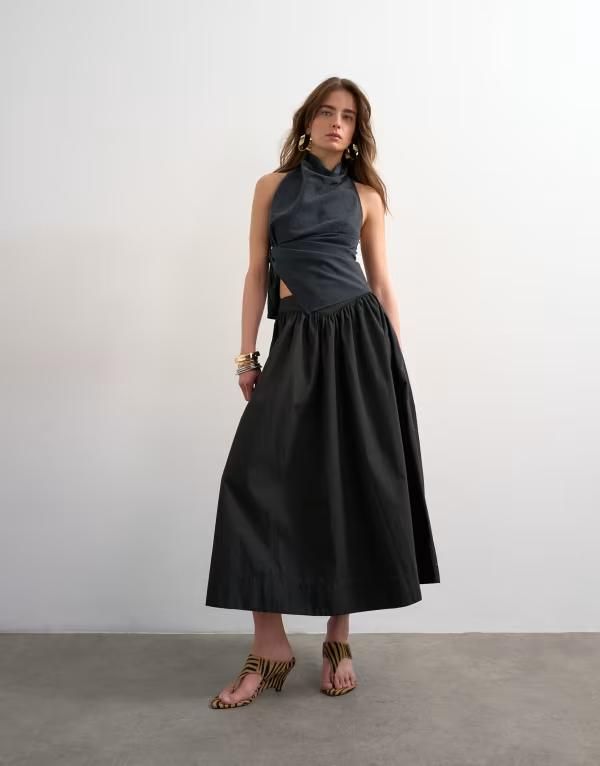 トップショップ レディース ボトムスカート マキシ Topshop dropped waist saloon maxi skirt Black ブラック
