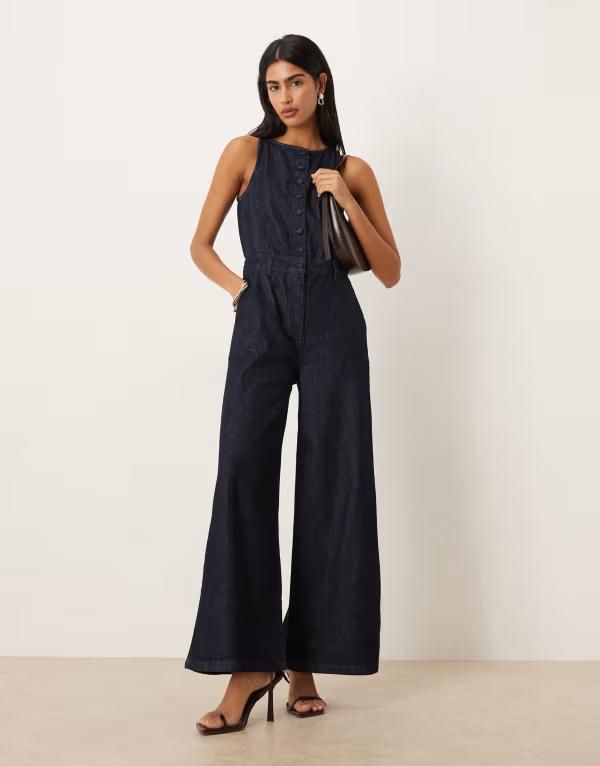 エイソス レディース トップス ジャンプスーツ ワイドレッグ デニム ASOS DESIGN wide leg denim jumpsuit with button front in rinse デニム