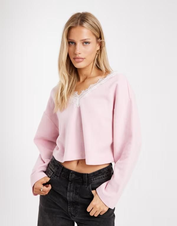 ミスセルフフリッジ レディース トップス シャツ リブニット Vネック レーストリム レース ニット Misselfridge brushed rib knit vneck top with lace trim pink ピンク