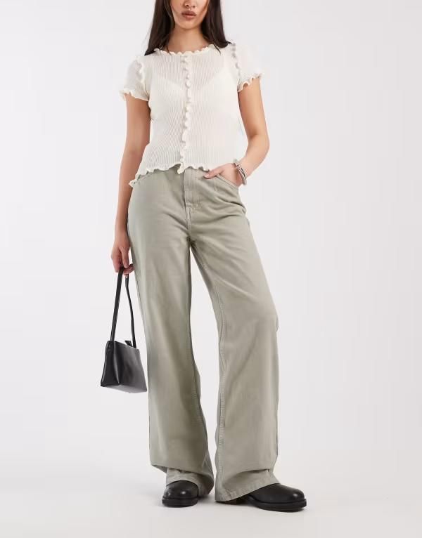 エイソス レディース ボトムス デニムパンツ ワイドレッグ ジーンズ ASOS DESIGN wide leg dad jeans Khaki カーキ
