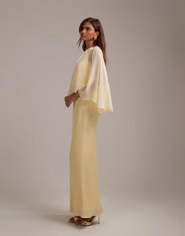 エイソス レディース トップス ワンピース シフォン ケープデザイン オーバーレイ シアー サテン キャップ ケープ ASOS DESIGN Bridesmaidsheer chiffon cape overlay bias cut satin dress i