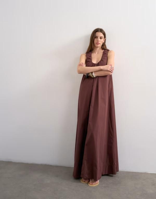 トップショップ レディース トップス ワンピース ギャザー マキシ Topshopoplin ruched neck maxi sundress in chocolate チョコレート