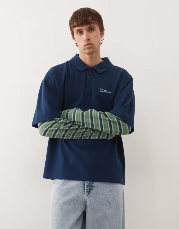 コルージョン メンズ トップス Tシャツ ポロシャツ COLLUSION double layer polo Tshirt in multi マルチカラー 11,146円