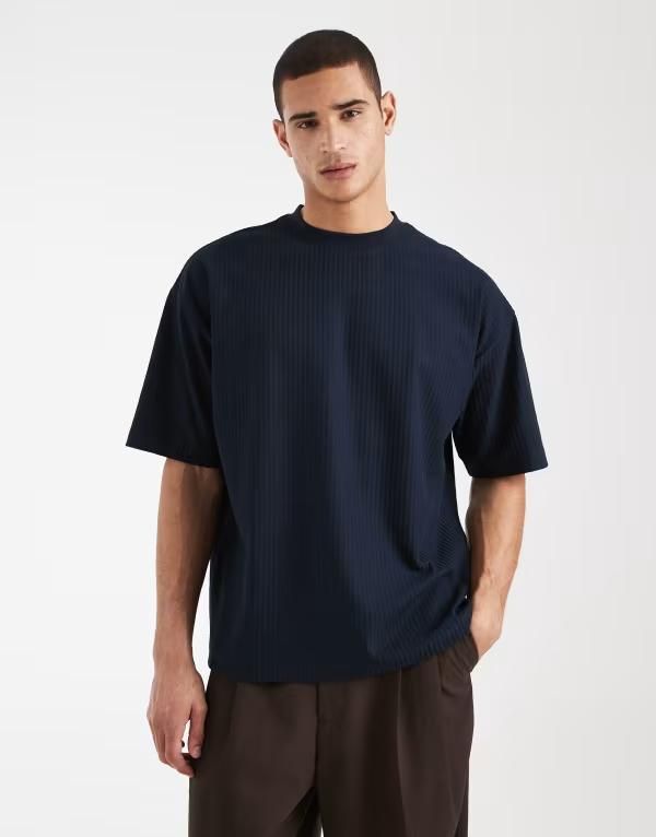 エイソス メンズ トップス Tシャツ ASOS DESIGN heavyweight oversized Tshirt jacquard texture Sky captain ネイビー