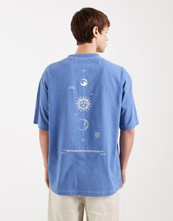 エイソス メンズ トップス Tシャツ プリント ASOS DESIGN heavyweight oversized tshirt with celestial spine print in washed blue ブルー