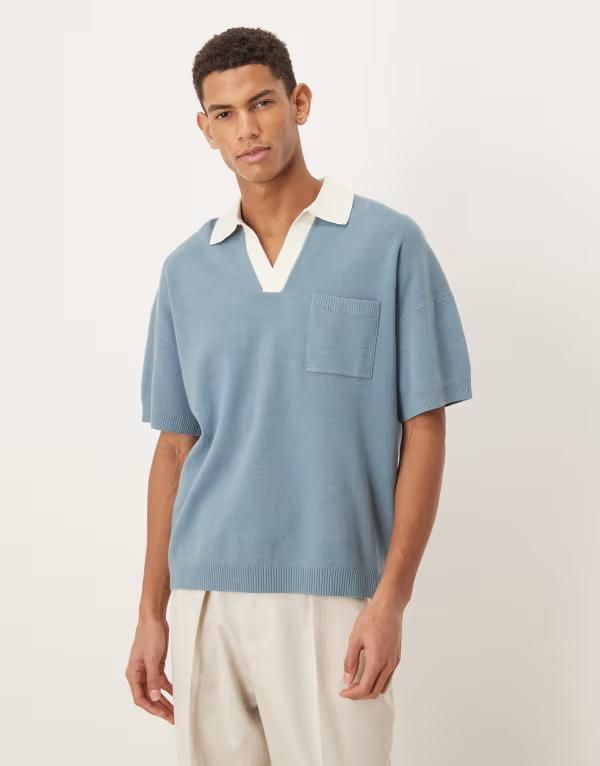 エイソス メンズ トップス ポロシャツ ニット ASOS DESIGN relaxed knit notch neck polo with front pocket BLUE ブルー