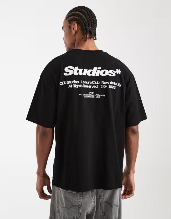 エイソス メンズ トップス Tシャツ プリント ASOS DESIGN oversized tshirt with text back and chest prints Black ブラック