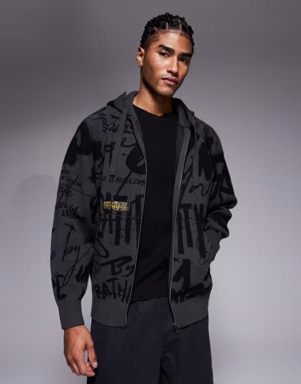 ベイシング エイプ メンズ アウター パーカー・スウェット プリント ニット Aape by A Bathing Ape knit zip up hoodie with all over graffiti print Black ブラック